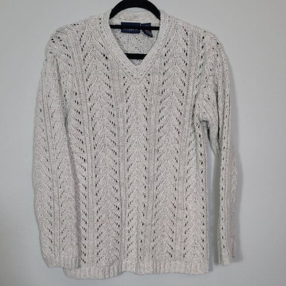 Vintage Liz Claiborne Chunky Knit Sweater Size L Ivory Cream Linen VNeck Coastal - Picture 1 of 13